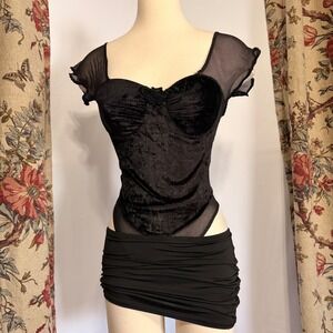 MW Vintage Black Crushed Velvet Mesh Cap Sleeve Bodice Bodysuit Medium